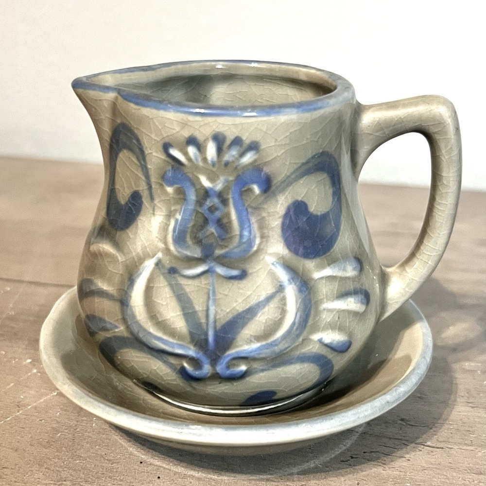 Vtg INARCO Japan Creamer & Saucer Blue Floral Crackle Glaze Stoneware E4388-Rare